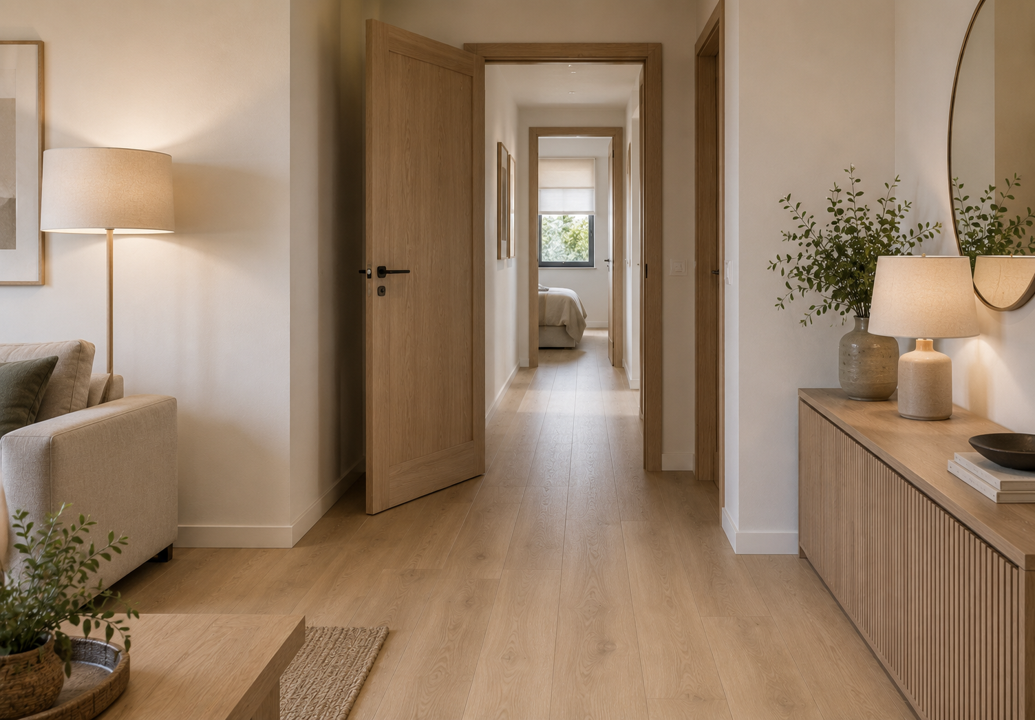Suelo laminado instalado en pasillo por Cocinas Roma